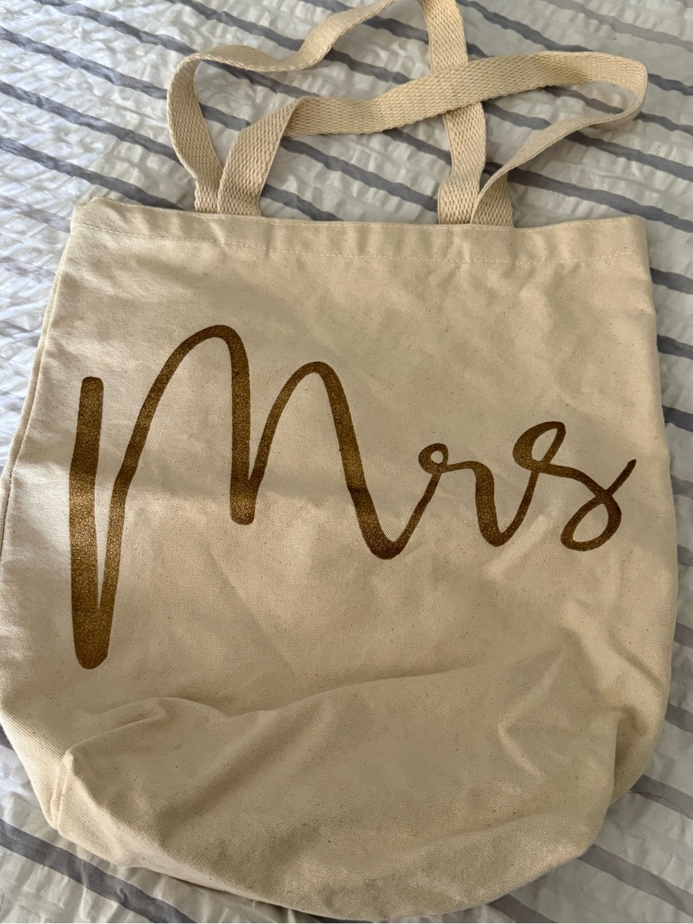 Mrs Canvas Tote Bag in Cream with Gold Script